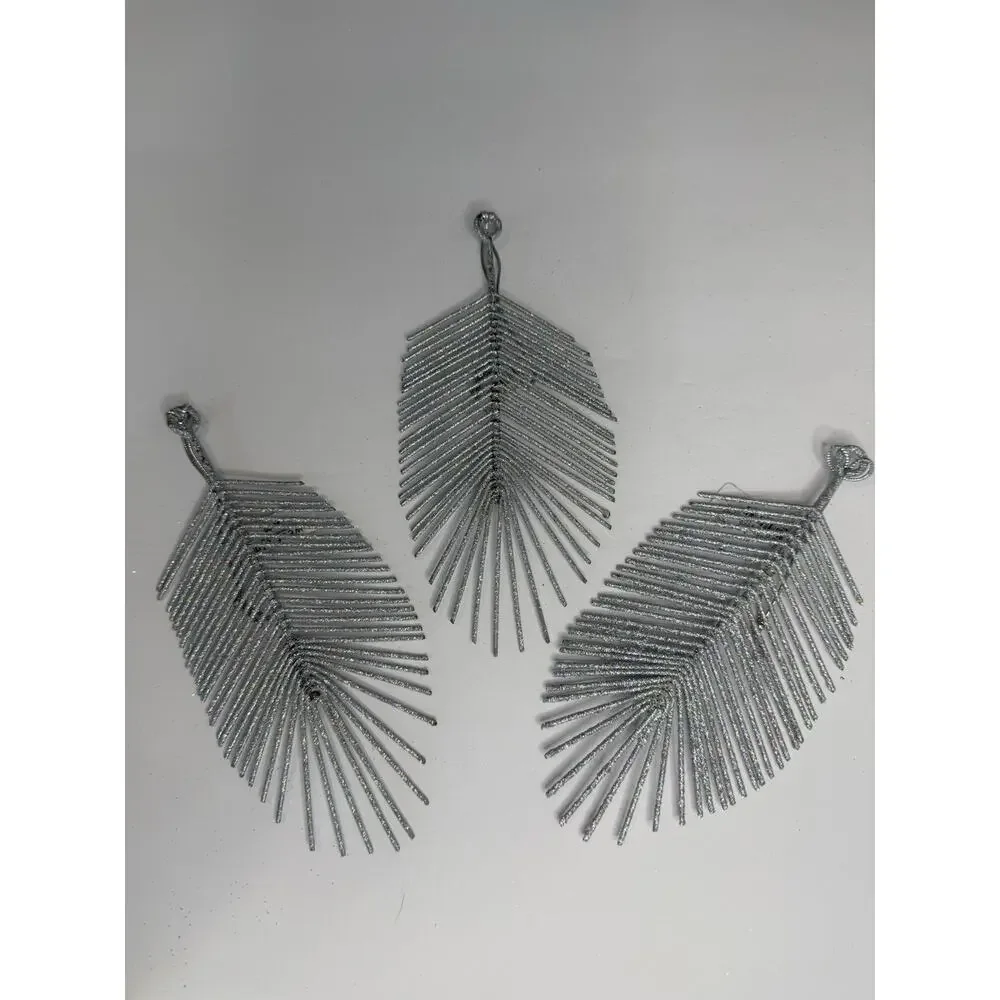 West Elm Silver Glitter Feather Ornaments Set of 3 Modern Holiday Christmas